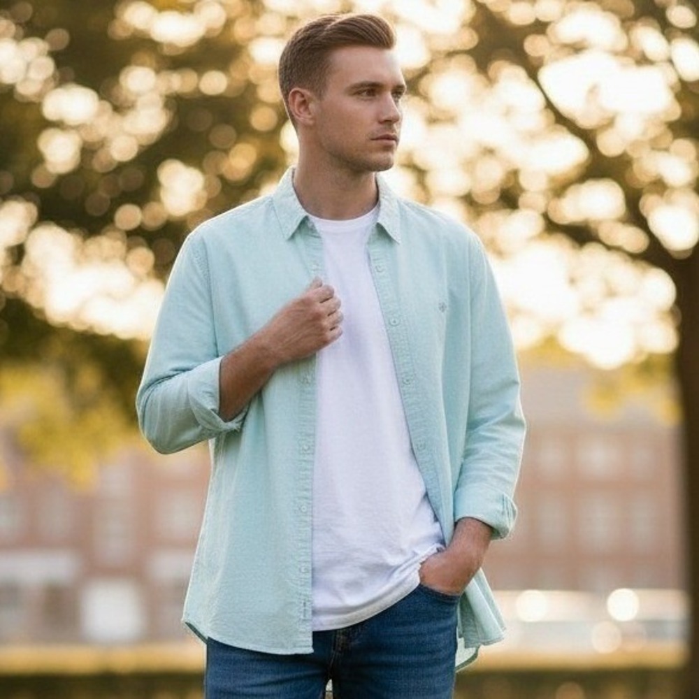 United Colors of Benetton Men Light Green Linen Blend Button Down M Preppy Retro